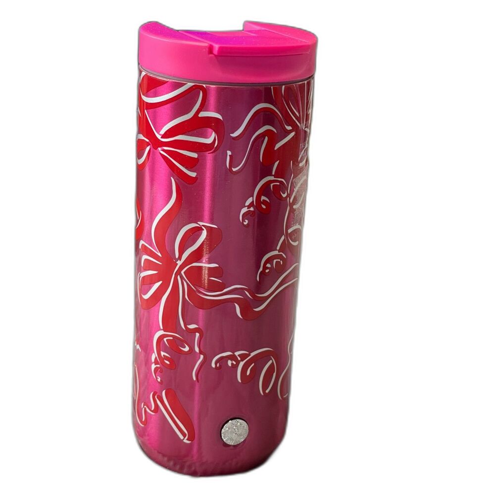 NWT Starbucks Holiday 2023 Pink Red Silver Ribbon Bows 12 oz Tumbler, Hot/Cold